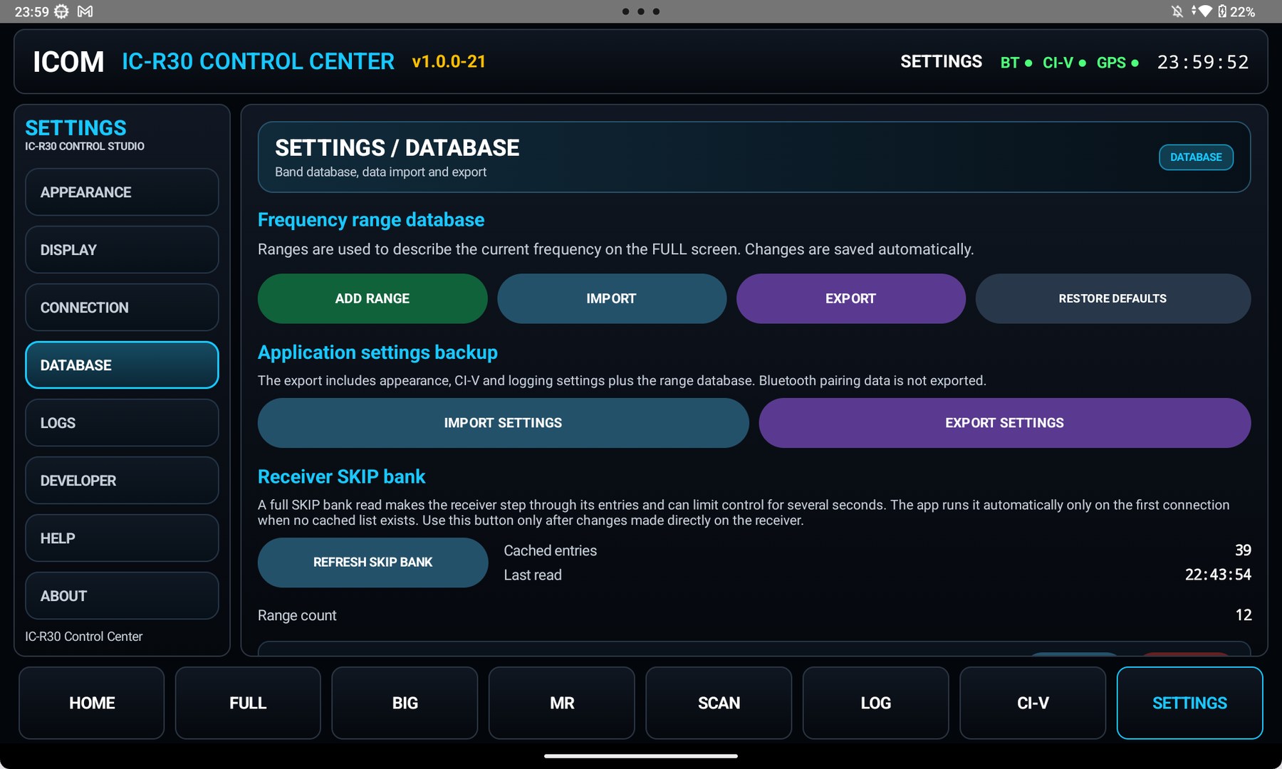 SETTINGS — database