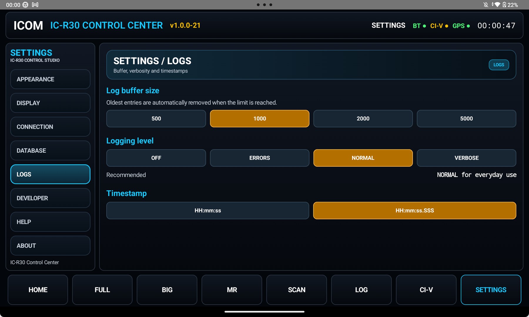 SETTINGS — logs